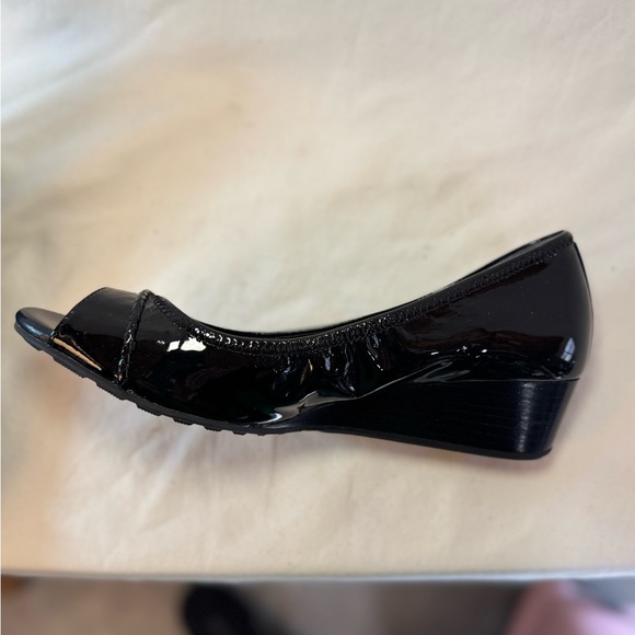 Cole Haan Black Patent Peep Toe Wedges - Picture 4 of 9